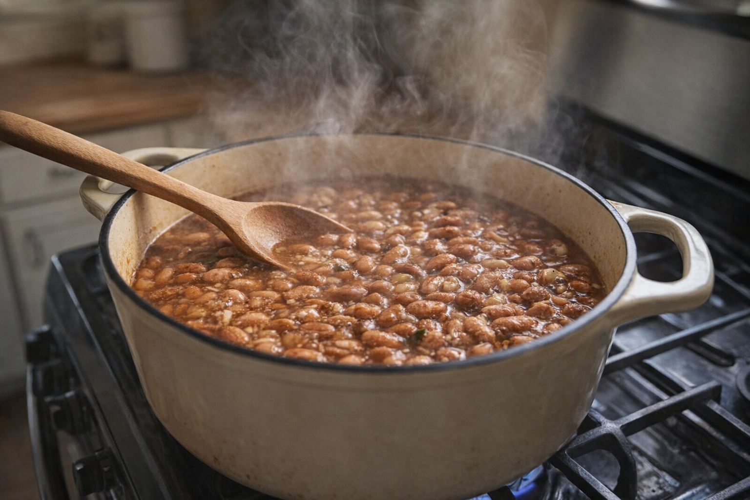 A side-angle view of pinto beans simmering in a Dutch oven on a gas stovetop, steam rising, wooden spoon resting on the side